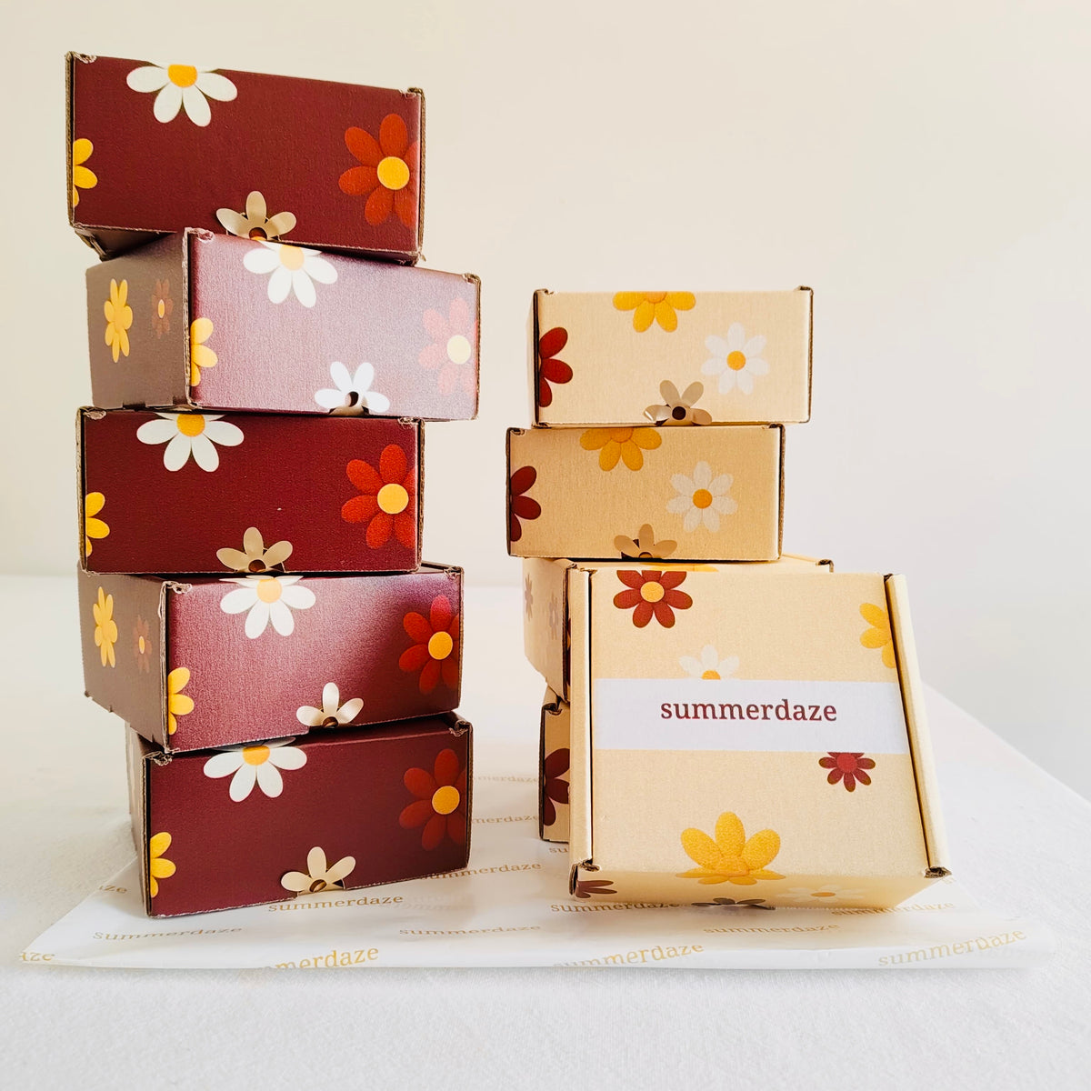summerdaze gift boxes in maroon and cream daisy print, stacked